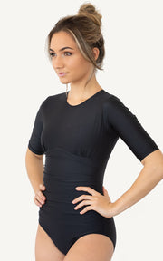 Half Sleeve Black Sun Protection 1/2 length sleeve One Piece Bra Bust Support Cup Sizes Swimsuit Swimwear Beachwear Women